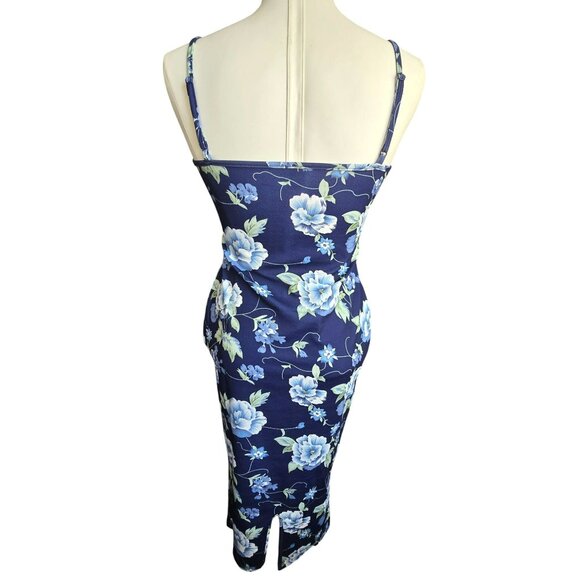 Navy Blue Floral Bodycon Midi Dress With Spaghetti Straps Size L 8/10 JJ3940 - Picture 2 of 9
